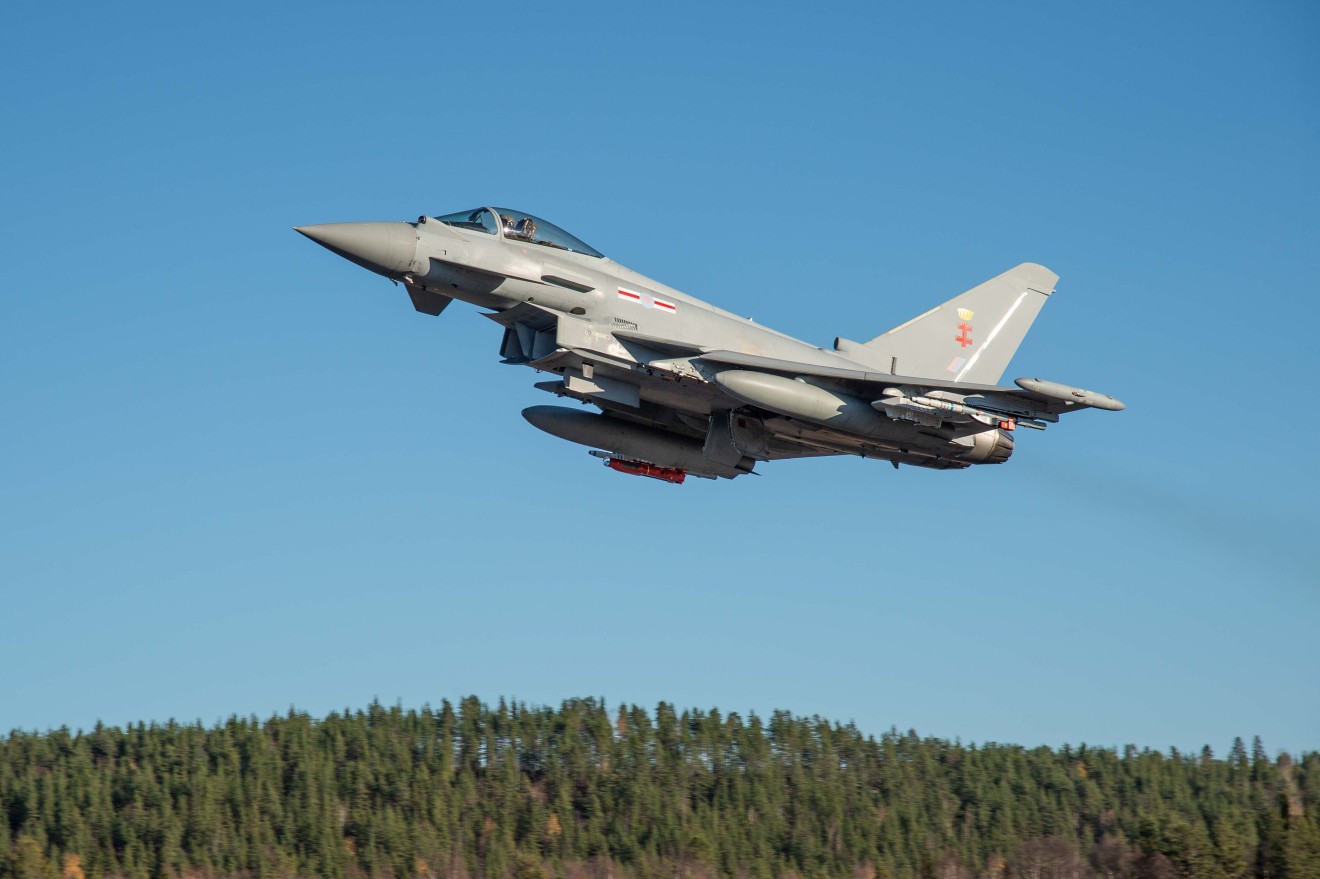 A Eurofighter Typhoon, part of the test and evaluation fleet at BAE Systems in Warton, UK, taking part in a live firing trial of SPEAR missile in Vidsel, Sweden.